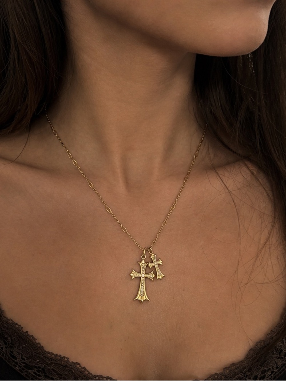18K Plated Double Cross Gold Necklace